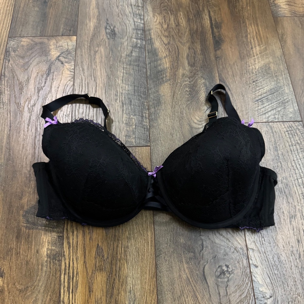 Cacique Black Lace Bow Lightly Lined Balconette Bra 44D Underwire Romantic